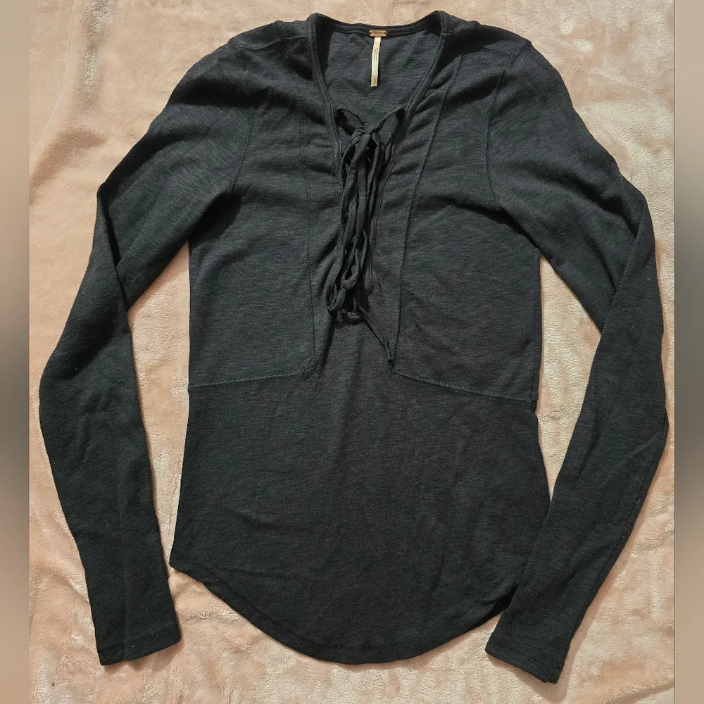 Free People Black Cotton Lucky Lace Up Long Sleeve Criss Cross Tie Front Tee S
